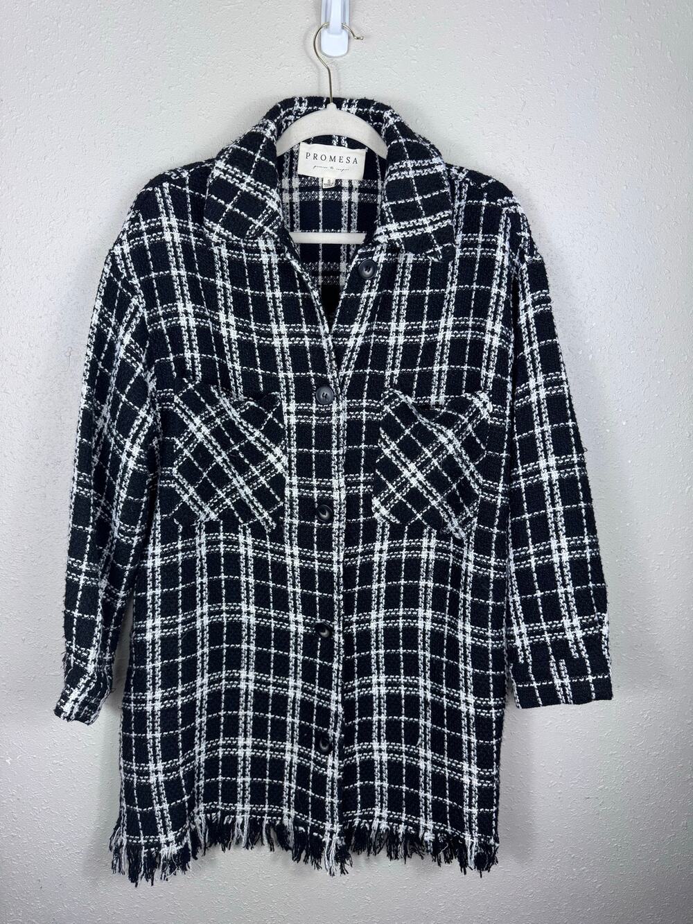 Promesa Black & White Plaid Tweed Fringe Trim Shacket Womens Size Small